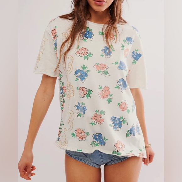 🌻🆕FREE PEOPLE We The Free Nina Boheme Printed Tee-Ivory Combo-SIZE Small - Picture 2 of 10